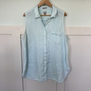 Chicos No Iron Sleeveless Linen Button Down Top‎ Size 4 (20-22) Blue Striped